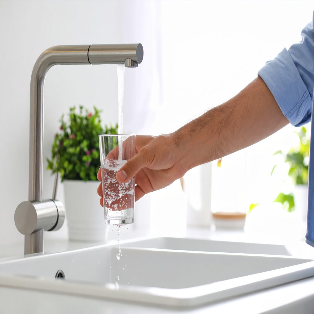 Man opens a water faucet